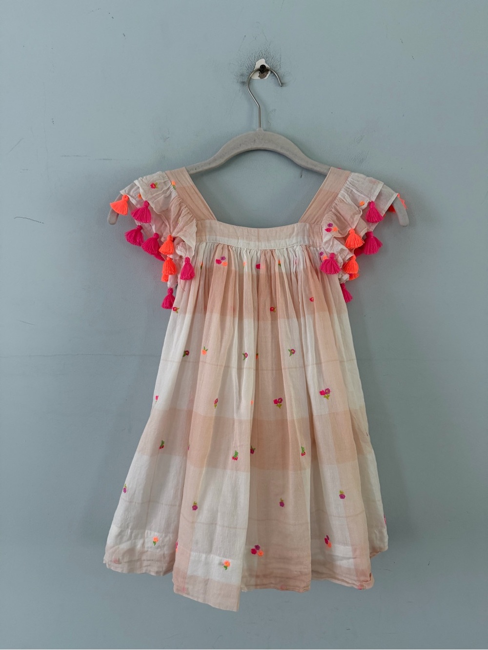 Nellystella Chloe Ditzy Pink Stripe Embroidered Tassel Cotton Girls Dress - Picture 3 of 5